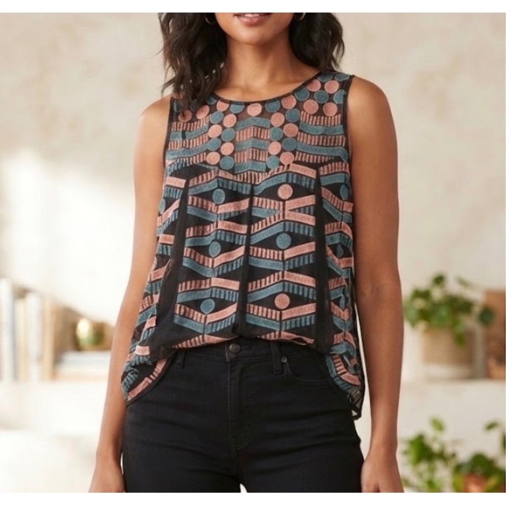 Akemi + Kin Anthropologie Embroidered Mesh Tank Top‎ Black Teal Coral Womens M